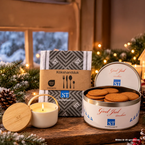 Julkit med pepparkakor, doftljus och kökshandduk tillgängligt hos ST-butiken från Fackförbundet ST.